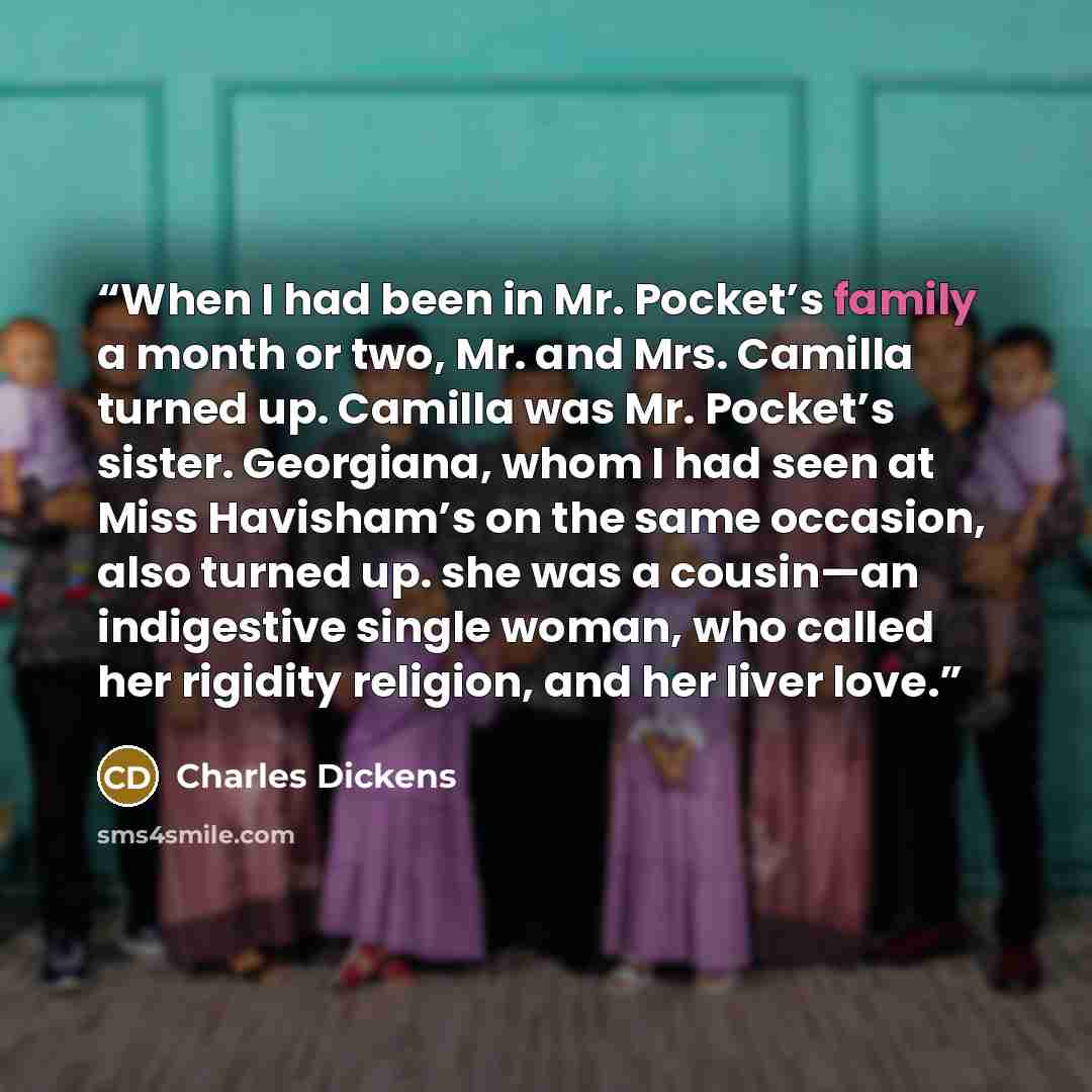 “When I had been in Mr. Pocket’s family a month or two, Mr. and Mrs. Camilla turned up. Camilla was Mr. Pocket’s sister. Georgiana, whom I had seen at Miss Havisham’s on the same occasion, also turned up. she was a cousin—an indigestive single woman, who called her rigidity religion, and her liver…” quote by Charles Dickens