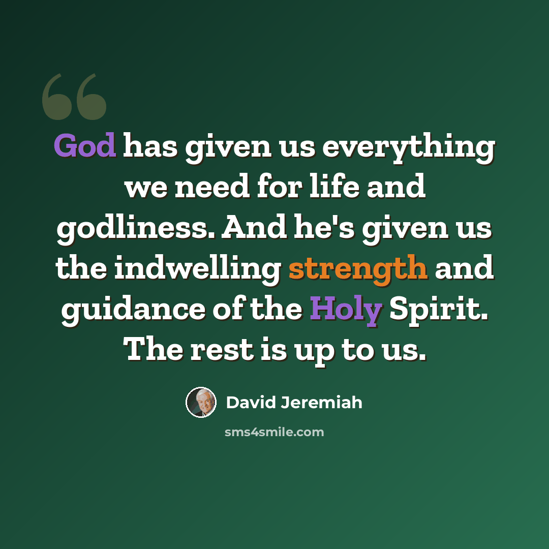 “God has given us everything we need for life and godliness. And he's given us the indwelling strength and guidance of the Holy Spirit. The rest is up to us.” quote by David Jeremiah
