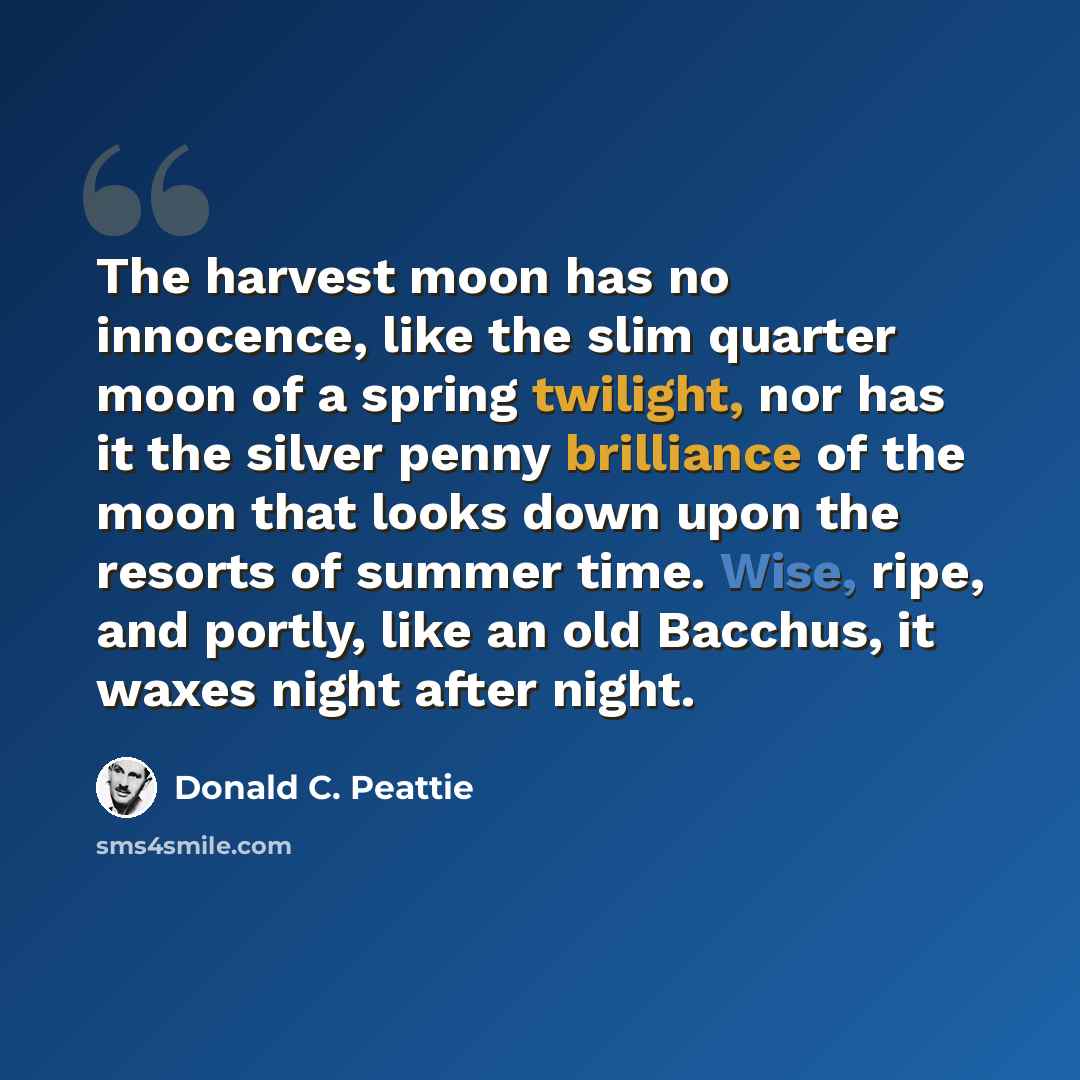 “The harvest moon has no innocence, like the slim quarter moon of a spring twilight, nor has it the silver penny brilliance of the moon that looks down upon the resorts of summer time. Wise, ripe, and portly, like an old Bacchus, it waxes night after night.” quote by Donald C. Peattie