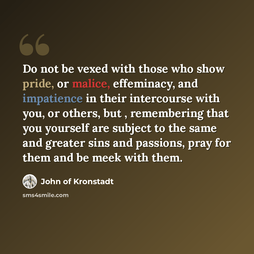 “Do not be vexed with those who show pride, or malice, effeminacy, and impatience in their intercourse with you, or others, but , remembering that you yourself are subject to the same and greater sins and passions, pray for them and be meek with them.” quote by John of Kronstadt