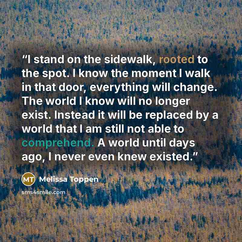 “I stand on the sidewalk, rooted to the spot. I know the moment I walk in that door, everything will change. The world I know will no longer exist. Instead it will be replaced by a world that I am still not able to comprehend. A world until days ago, I never even knew existed.” quote by Melissa Toppen