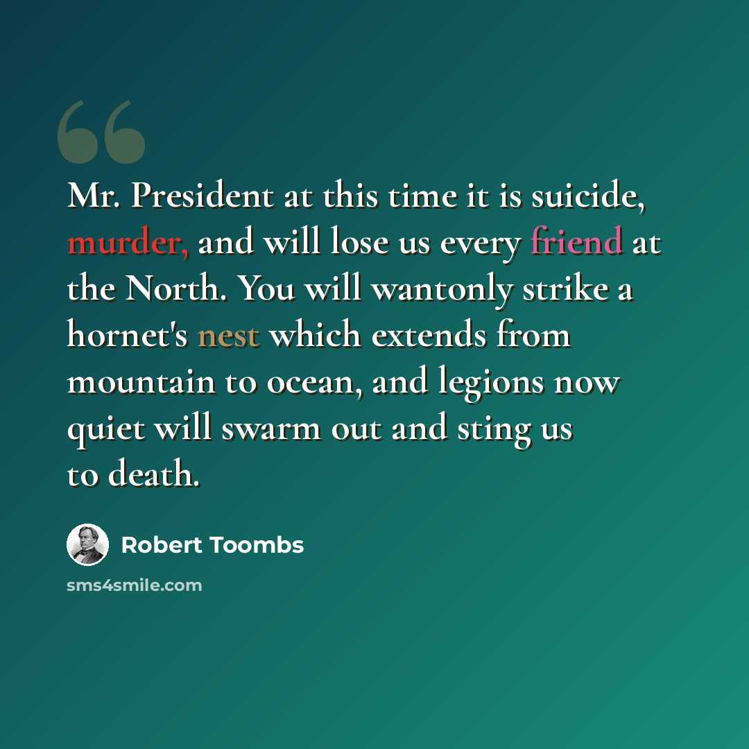“Mr. President at this time it is suicide, murder, and will lose us every friend at the North. You will wantonly strike a hornet's nest which extends from mountain to ocean, and legions now quiet will swarm out and sting us to death.” quote by Robert Toombs
