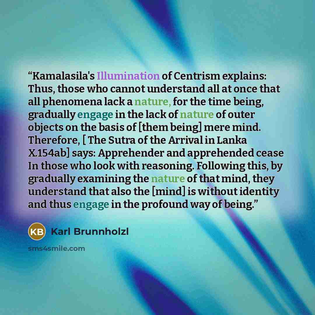 “Kamalasila's Illumination of Centrism explains: Thus, those who cannot understand all at once that all phenomena lack a nature, for the time being, gradually engage in the lack of nature of outer objects on the basis of [them being] mere mind. Therefore, [ The Sutra of the Arrival in Lanka…” quote by Karl Brunnholzl