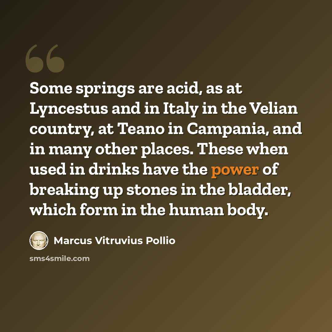 “Some springs are acid, as at Lyncestus and in Italy in the Velian country, at Teano in Campania, and in many other places. These when used in drinks have the power of breaking up stones in the bladder, which form in the human body.” quote by Marcus Vitruvius Pollio