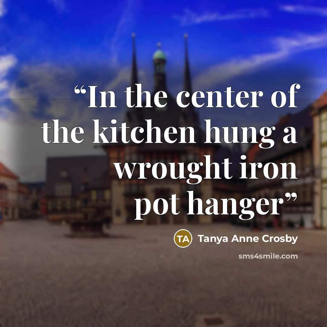 “In the center of the kitchen hung a wrought iron pot hanger” quote by Tanya Anne Crosby