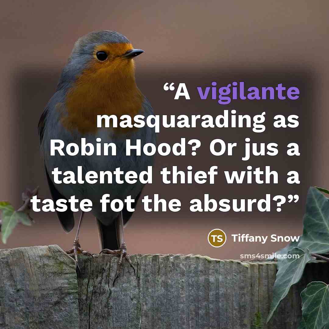 “A vigilante masquarading as Robin Hood? Or jus a talented thief with a taste fot the absurd?” quote by Tiffany Snow