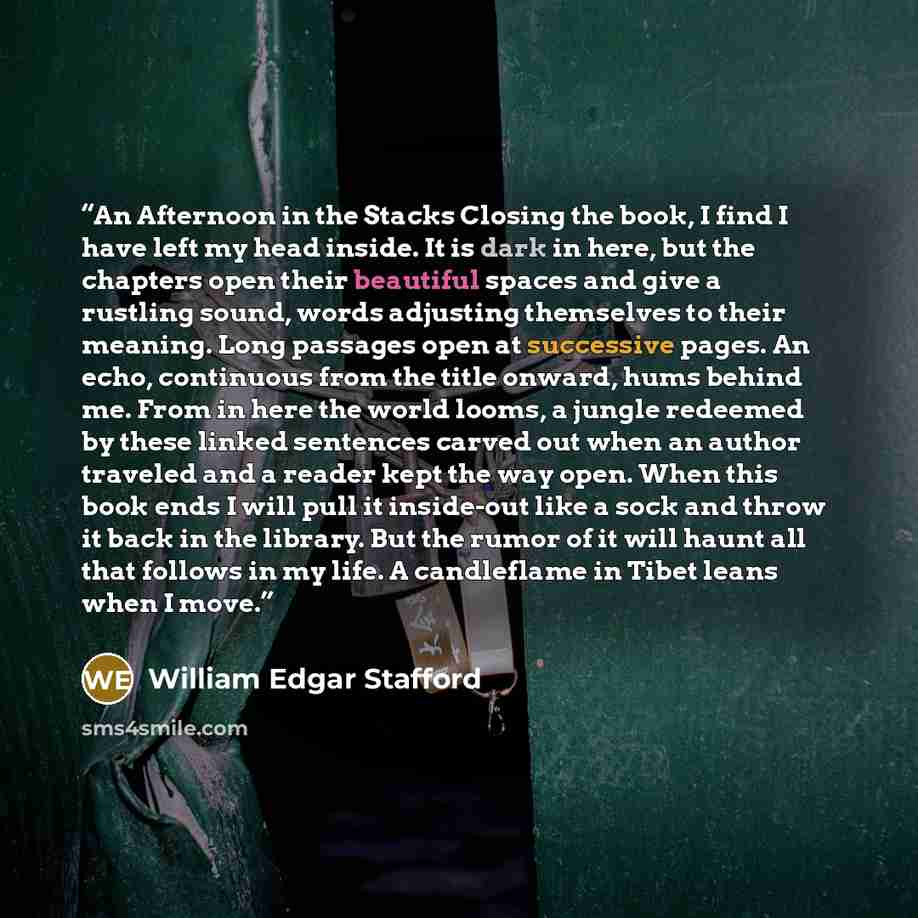“An Afternoon in the Stacks Closing the book, I find I have left my head inside. It is dark in here, but the chapters open their beautiful spaces and give a rustling sound, words adjusting themselves to their meaning. Long passages open at successive pages. An echo, continuous from the title…” quote by William Edgar Stafford