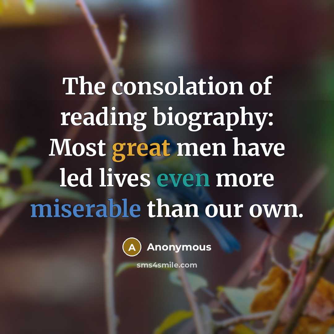 “The consolation of reading biography: Most great men have led lives even more miserable than our own.” quote by Anonymous