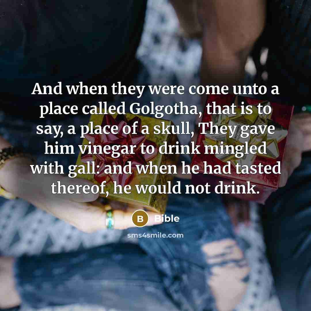 “And when they were come unto a place called Golgotha, that is to say, a place of a skull, They gave him vinegar to drink mingled with gall: and when he had tasted thereof, he would not drink.” quote by Bible