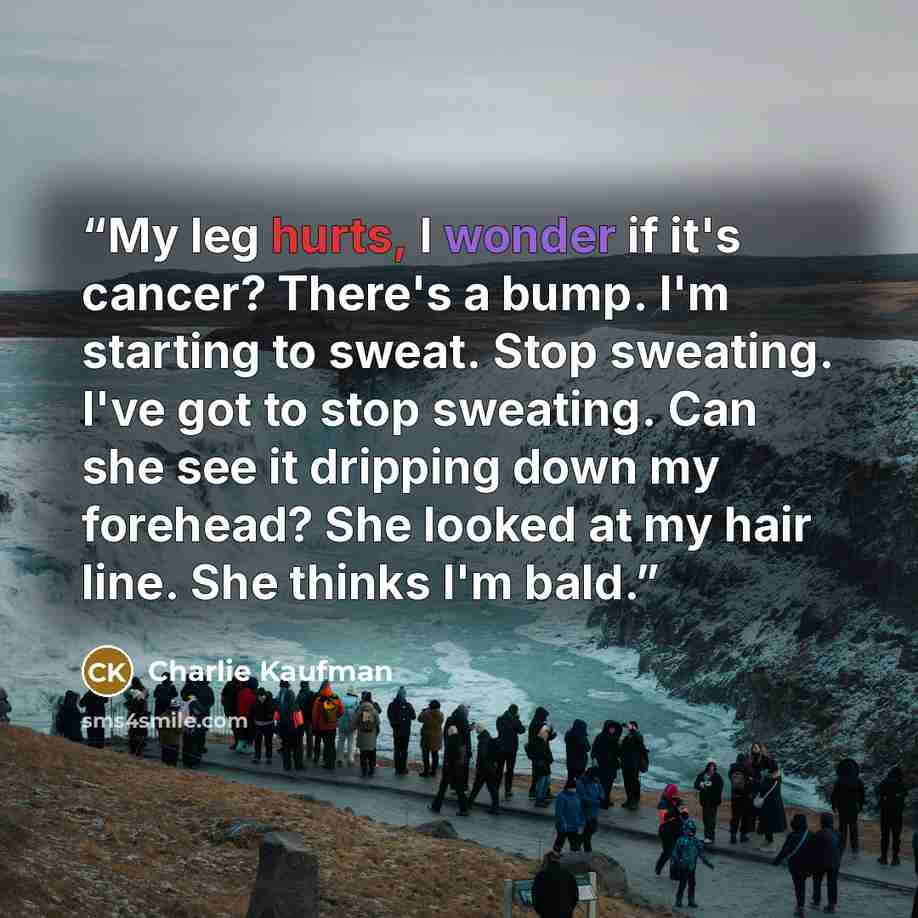 “My leg hurts, I wonder if it's cancer? There's a bump. I'm starting to sweat. Stop sweating. I've got to stop sweating. Can she see it dripping down my forehead? She looked at my hair line. She thinks I'm bald.” quote by Charlie Kaufman