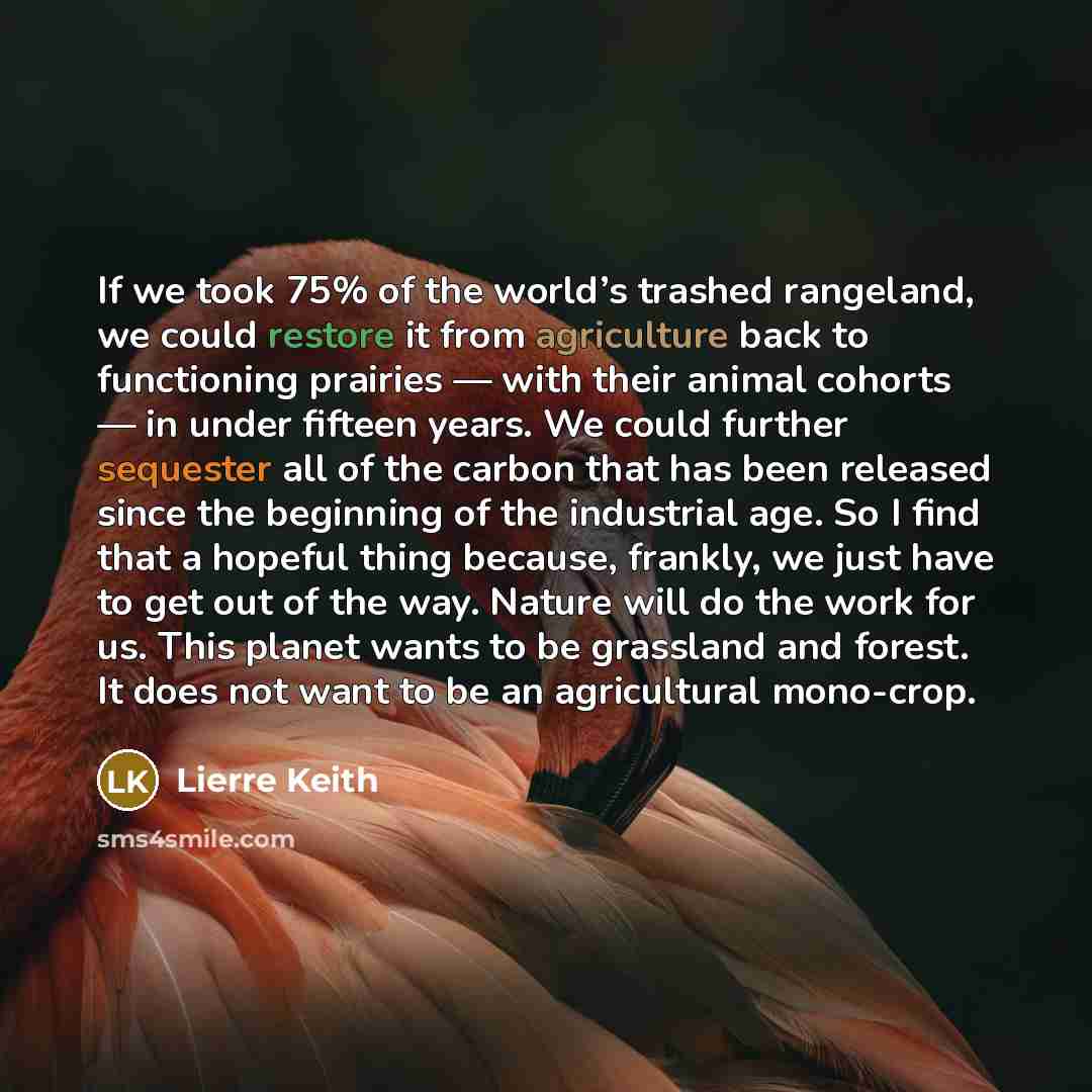 “If we took 75% of the world’s trashed rangeland, we could restore it from agriculture back to functioning prairies — with their animal cohorts — in under fifteen years. We could further sequester all of the carbon that has been released since the beginning of the industrial age. So I find that a…” quote by Lierre Keith