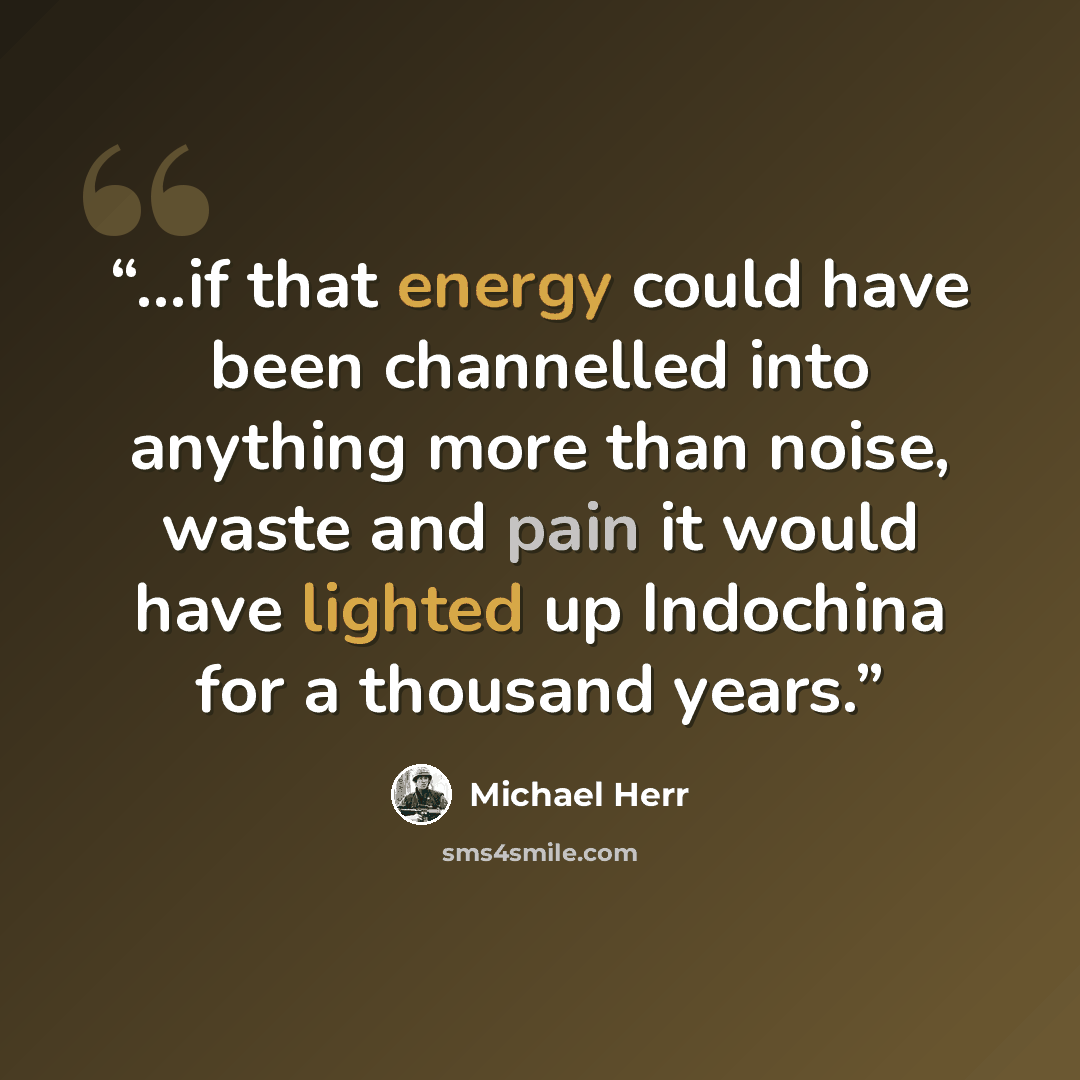 “...if that energy could have been channelled into anything more than noise, waste and pain it would have lighted up Indochina for a thousand years.” quote by Michael Herr