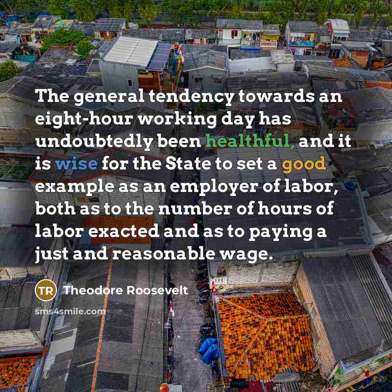 “The general tendency towards an eight-hour working day has undoubtedly been healthful, and it is wise for the State to set a good example as an employer of labor, both as to the number of hours of labor exacted and as to paying a just and reasonable wage.” quote by Theodore Roosevelt