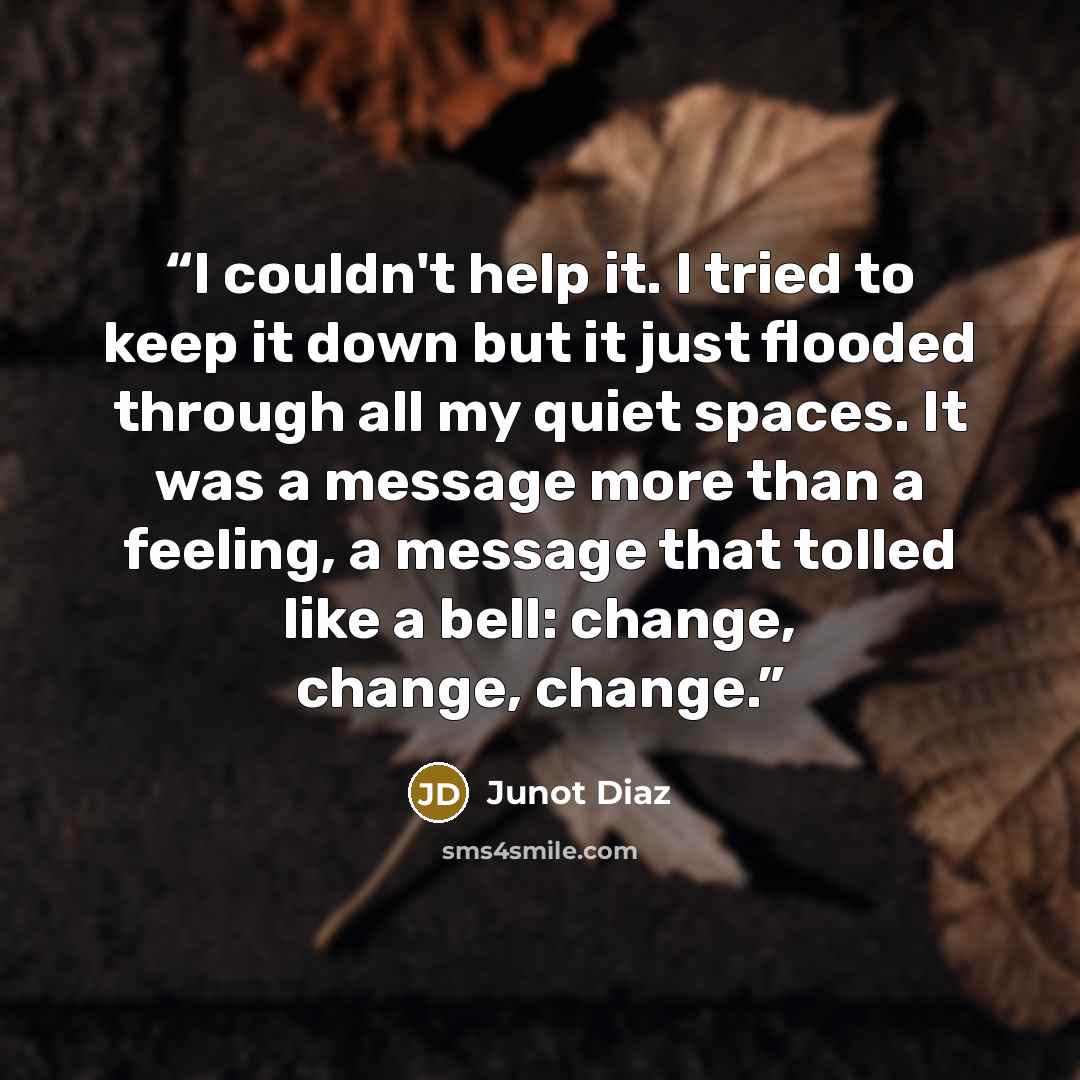 “I couldn't help it. I tried to keep it down but it just flooded through all my quiet spaces. It was a message more than a feeling, a message that tolled like a bell: change, change, change.” quote by Junot Diaz