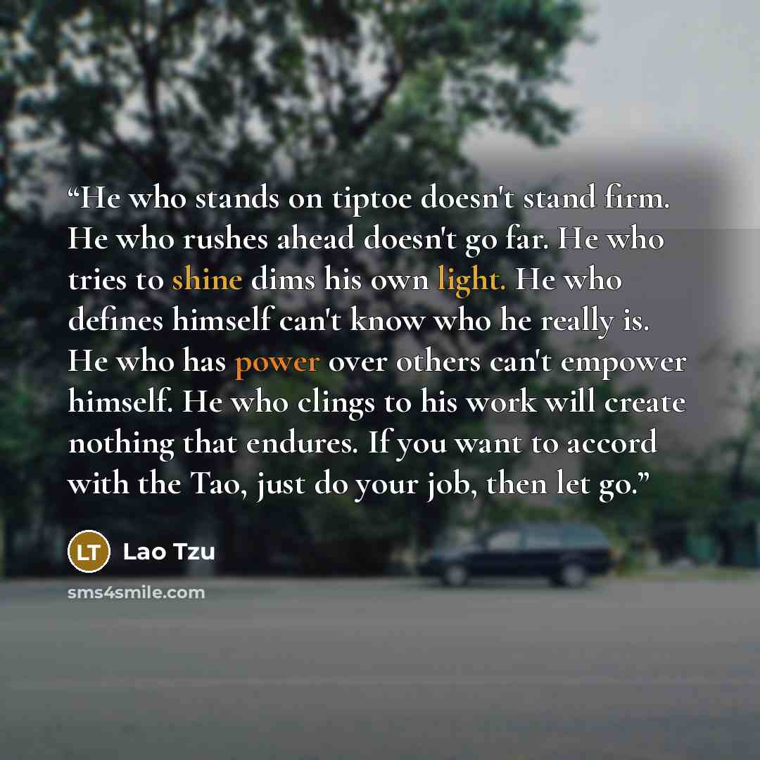 “He who stands on tiptoe doesn't stand firm. He who rushes ahead doesn't go far. He who tries to shine dims his own light. He who defines himself can't know who he really is. He who has power over others can't empower himself. He who clings to his work will create nothing that endures. If you want…” quote by Lao Tzu
