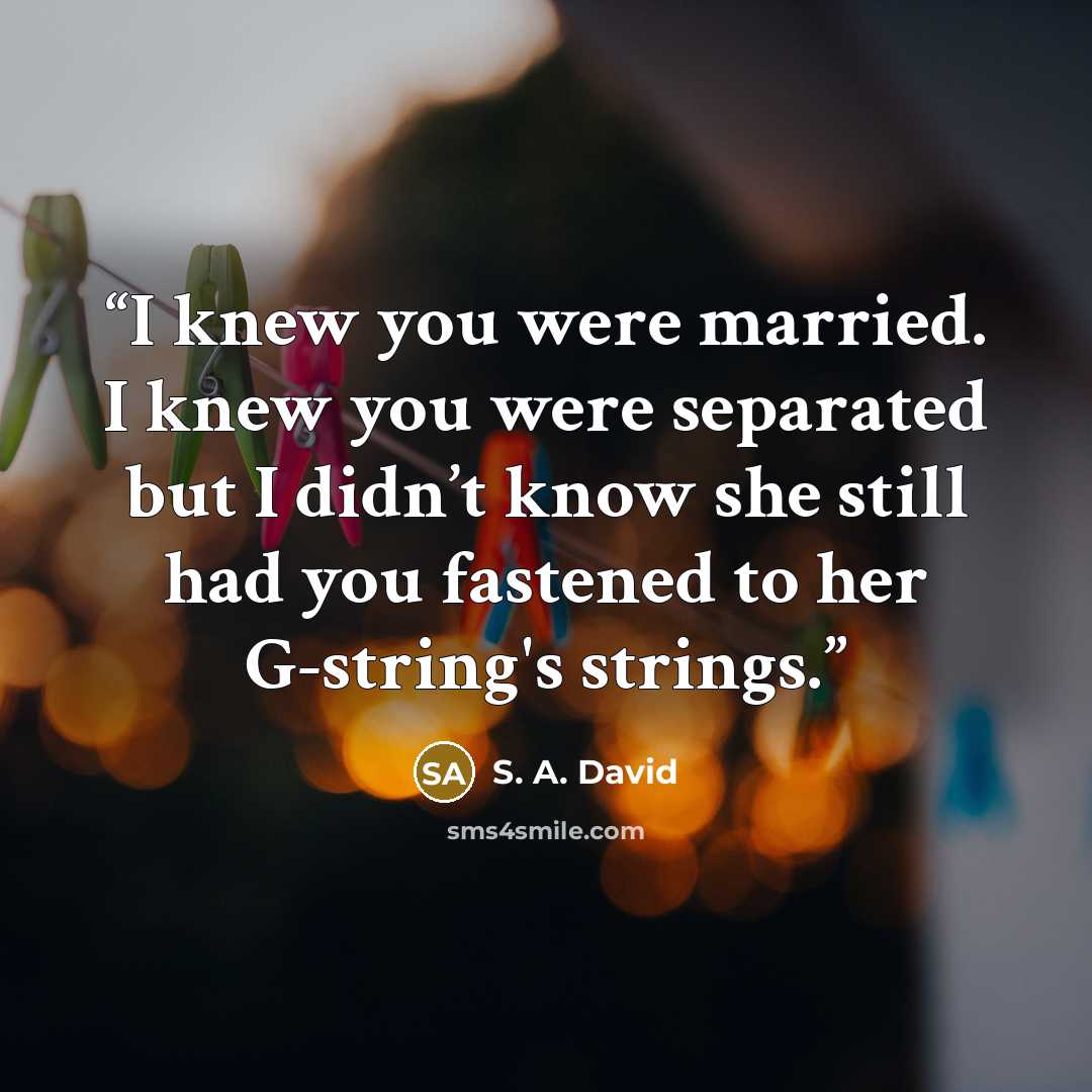 “I knew you were married. I knew you were separated but I didn’t know she still had you fastened to her G-string's strings.” quote by S. A. David