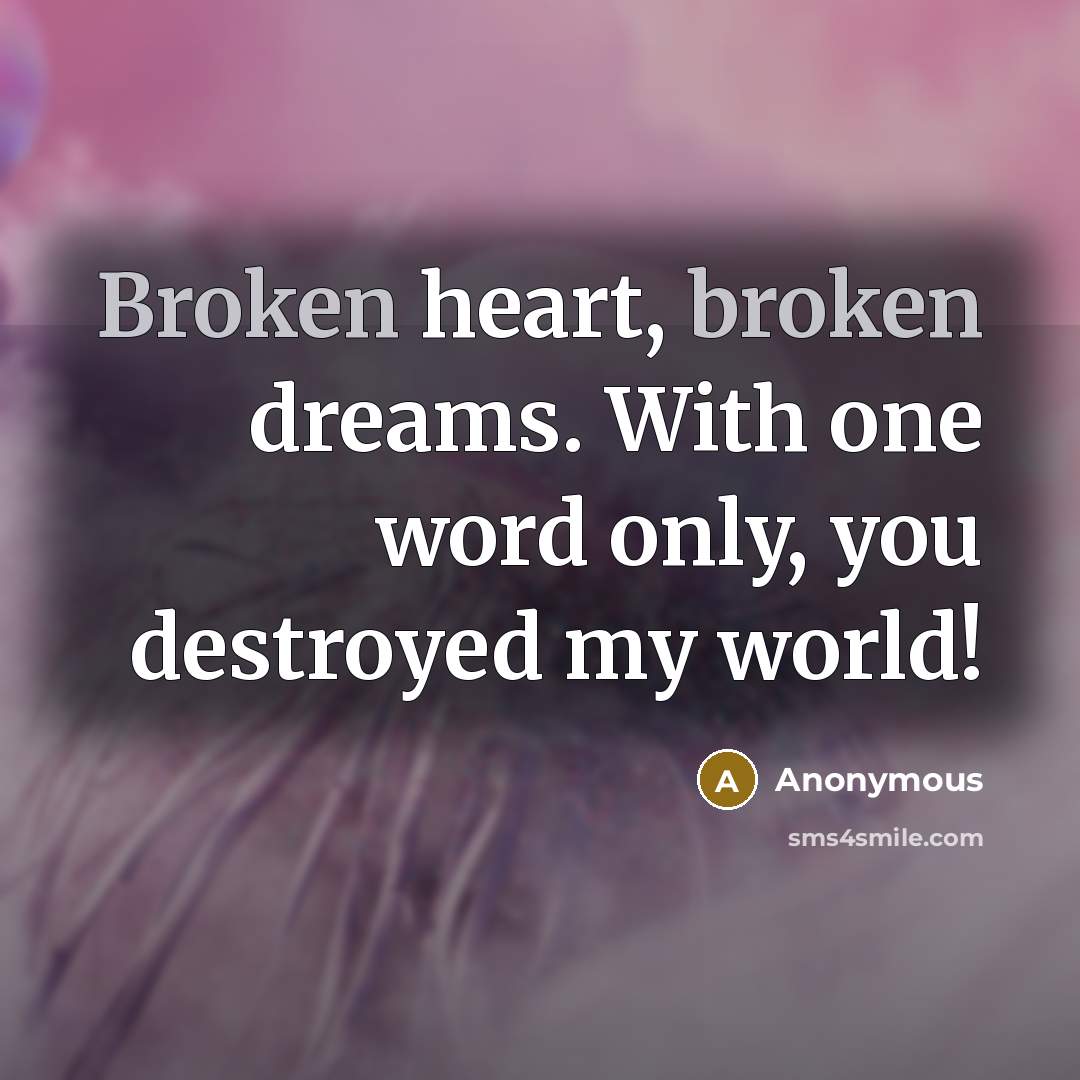 “Broken heart, broken dreams. With one word only, you destroyed my world!” quote by Anonymous
