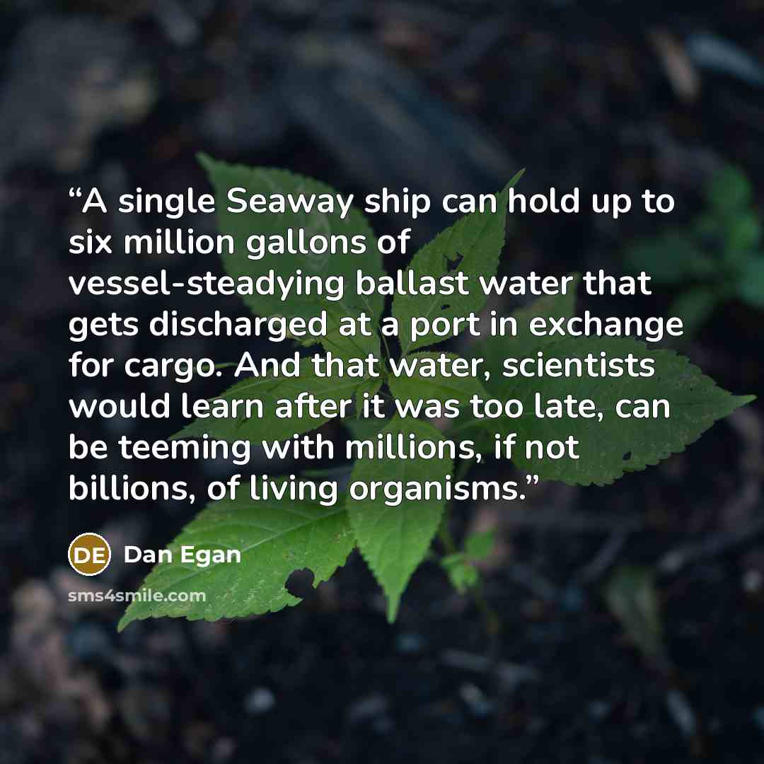 “A single Seaway ship can hold up to six million gallons of vessel-steadying ballast water that gets discharged at a port in exchange for cargo. And that water, scientists would learn after it was too late, can be teeming with millions, if not billions, of living organisms.” quote by Dan Egan