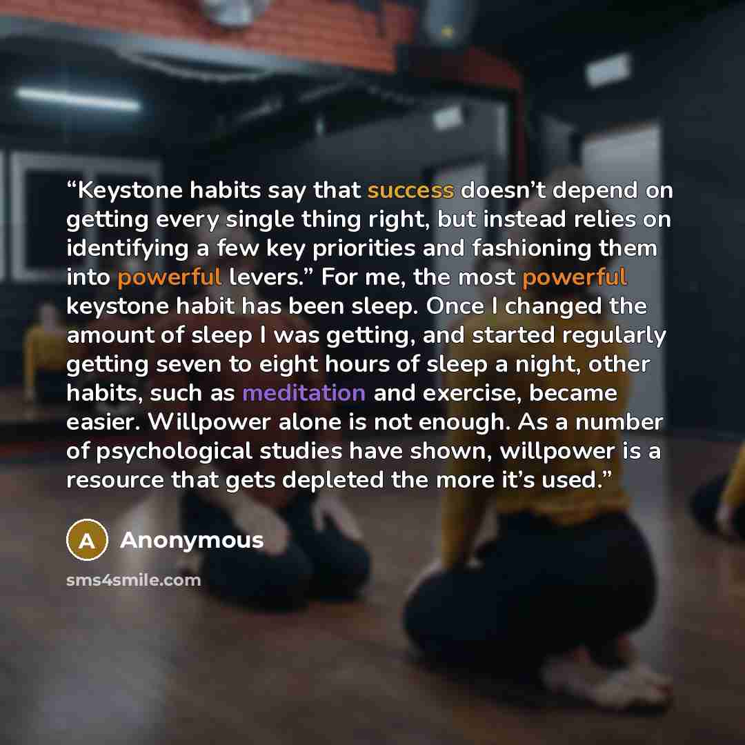 “Keystone habits say that success doesn’t depend on getting every single thing right, but instead relies on identifying a few key priorities and fashioning them into powerful levers.” For me, the most powerful keystone habit has been sleep. Once I changed the amount of sleep I was getting, and…” quote by Anonymous