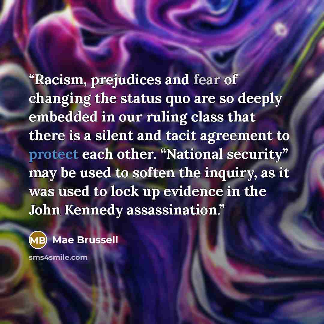 “Racism, prejudices and fear of changing the status quo are so deeply embedded in our ruling class that there is a silent and tacit agreement to protect each other. “National security” may be used to soften the inquiry, as it was used to lock up evidence in the John Kennedy assassination.” quote by Mae Brussell