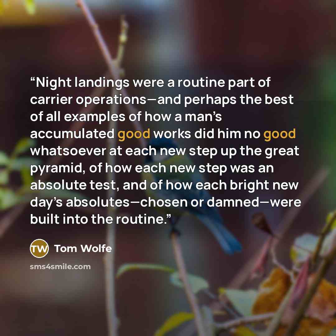 “Night landings were a routine part of carrier operations—and perhaps the best of all examples of how a man’s accumulated good works did him no good whatsoever at each new step up the great pyramid, of how each new step was an absolute test, and of how each bright new day’s absolutes—chosen or…” quote by Tom Wolfe