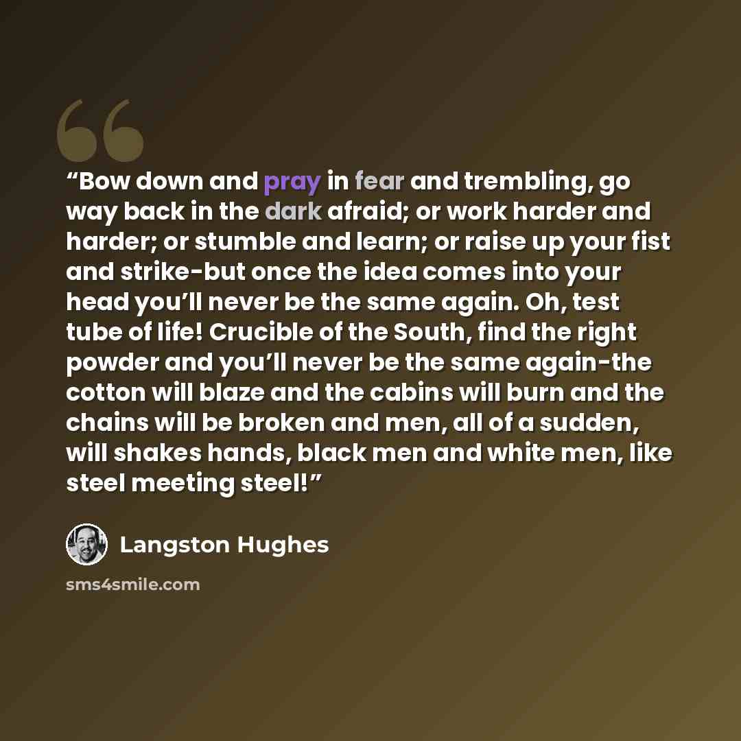 “Bow down and pray in fear and trembling, go way back in the dark afraid; or work harder and harder; or stumble and learn; or raise up your fist and strike-but once the idea comes into your head you’ll never be the same again. Oh, test tube of life! Crucible of the South, find the right powder and…” quote by Langston Hughes