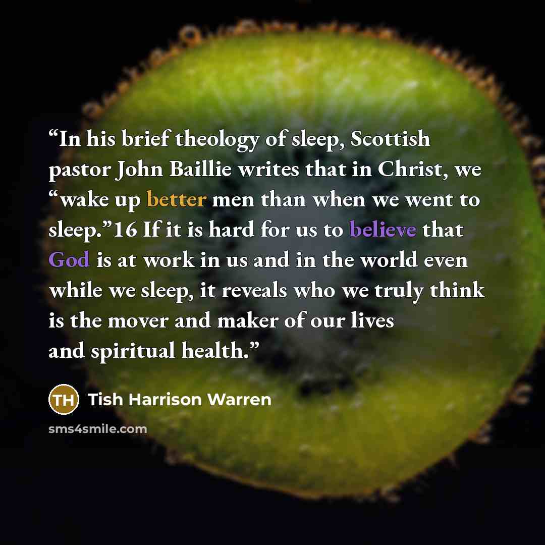 “In his brief theology of sleep, Scottish pastor John Baillie writes that in Christ, we “wake up better men than when we went to sleep.”16 If it is hard for us to believe that God is at work in us and in the world even while we sleep, it reveals who we truly think is the mover and maker of our…” quote by Tish Harrison Warren