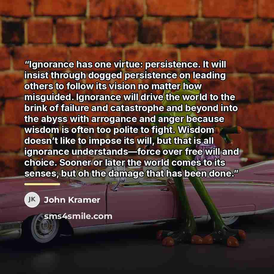 “Ignorance has one virtue: persistence. It will insist through dogged persistence on leading others to follow its vision no matter how misguided. Ignorance will drive the world to the brink of failure and catastrophe and beyond into the abyss with arrogance and anger because wisdom is often too…” quote by John Kramer