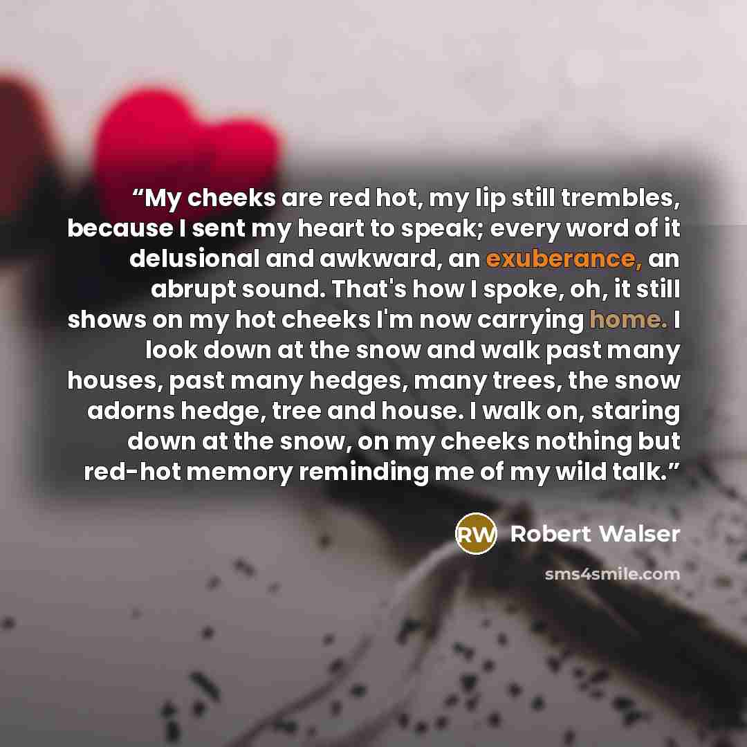 “My cheeks are red hot, my lip still trembles, because I sent my heart to speak; every word of it delusional and awkward, an exuberance, an abrupt sound. That's how I spoke, oh, it still shows on my hot cheeks I'm now carrying home. I look down at the snow and walk past many houses, past many…” quote by Robert Walser
