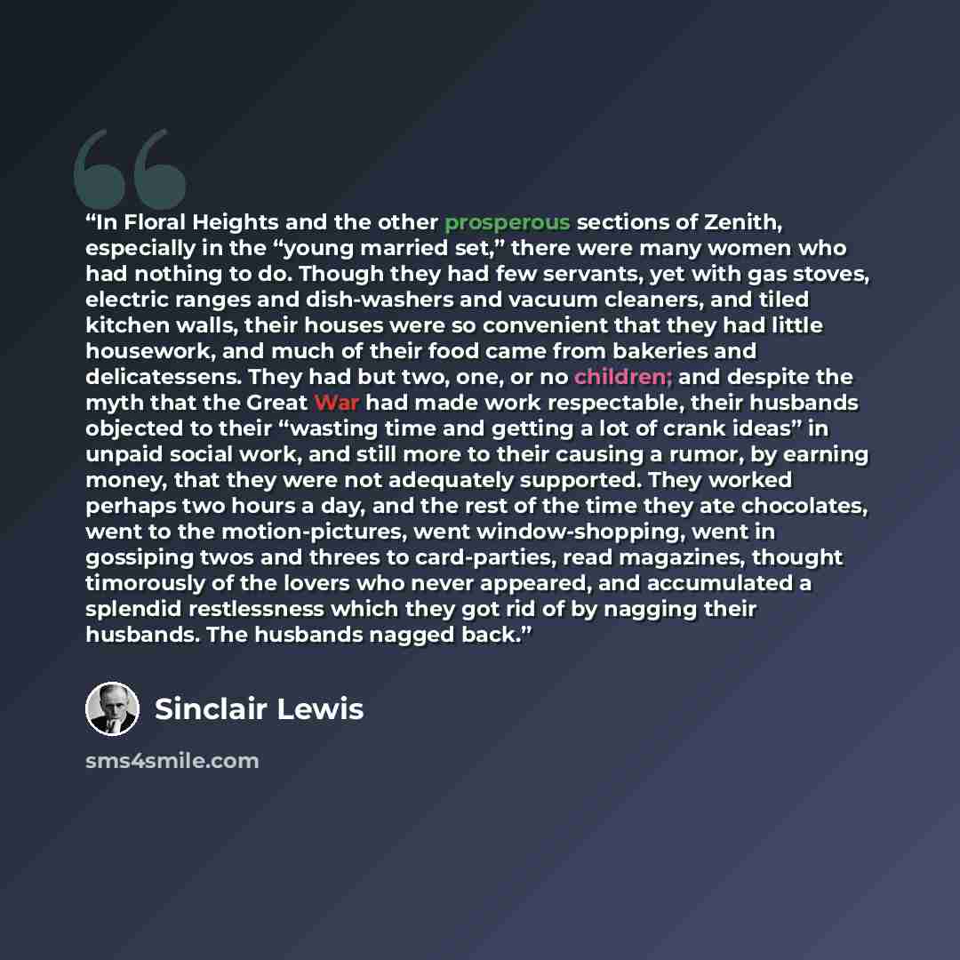 “In Floral Heights and the other prosperous sections of Zenith, especially in the “young married set,” there were many women who had nothing to do. Though they had few servants, yet with gas stoves, electric ranges and dish-washers and vacuum cleaners, and tiled kitchen walls, their houses were so…” quote by Sinclair Lewis