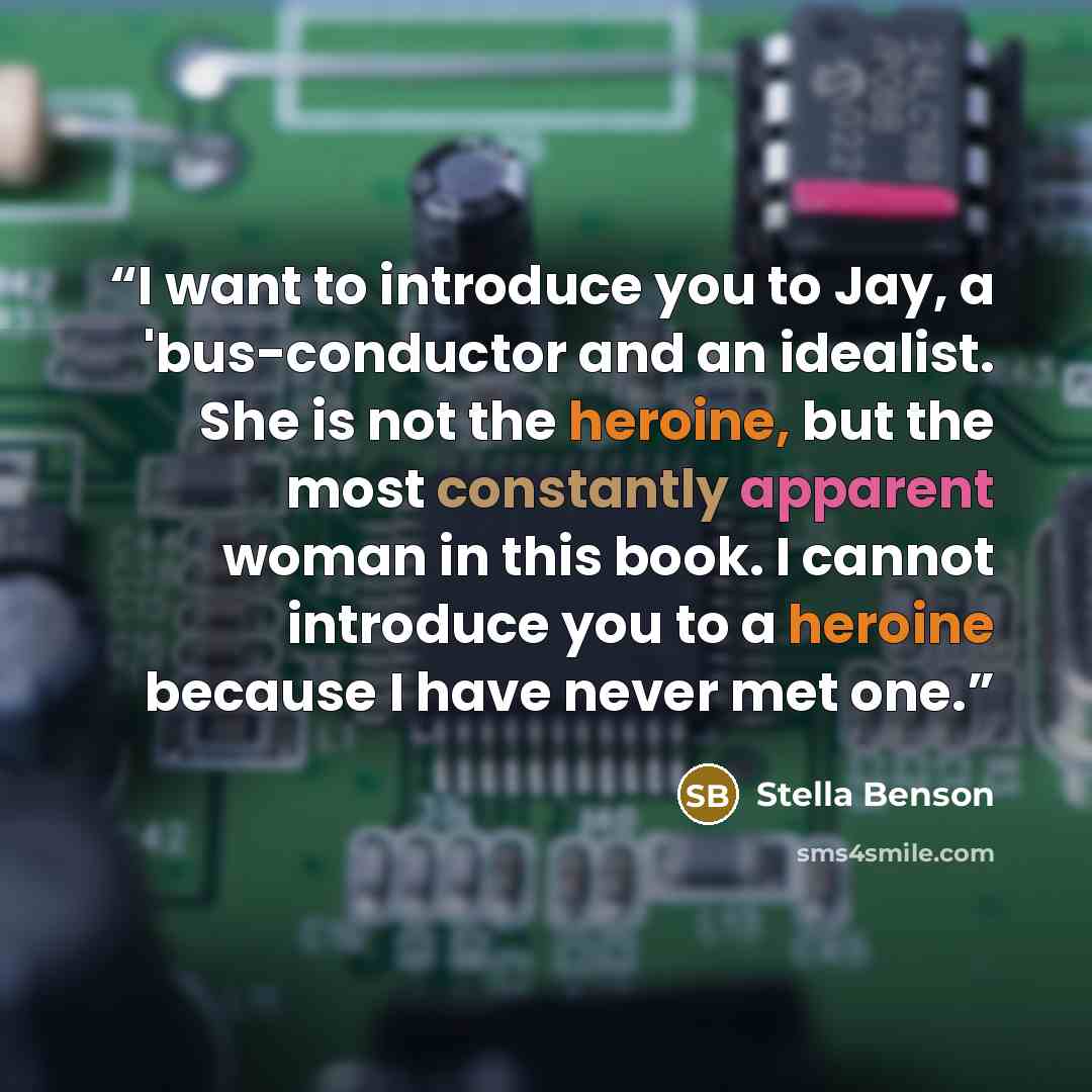 “I want to introduce you to Jay, a 'bus-conductor and an idealist. She is not the heroine, but the most constantly apparent woman in this book. I cannot introduce you to a heroine because I have never met one.” quote by Stella Benson