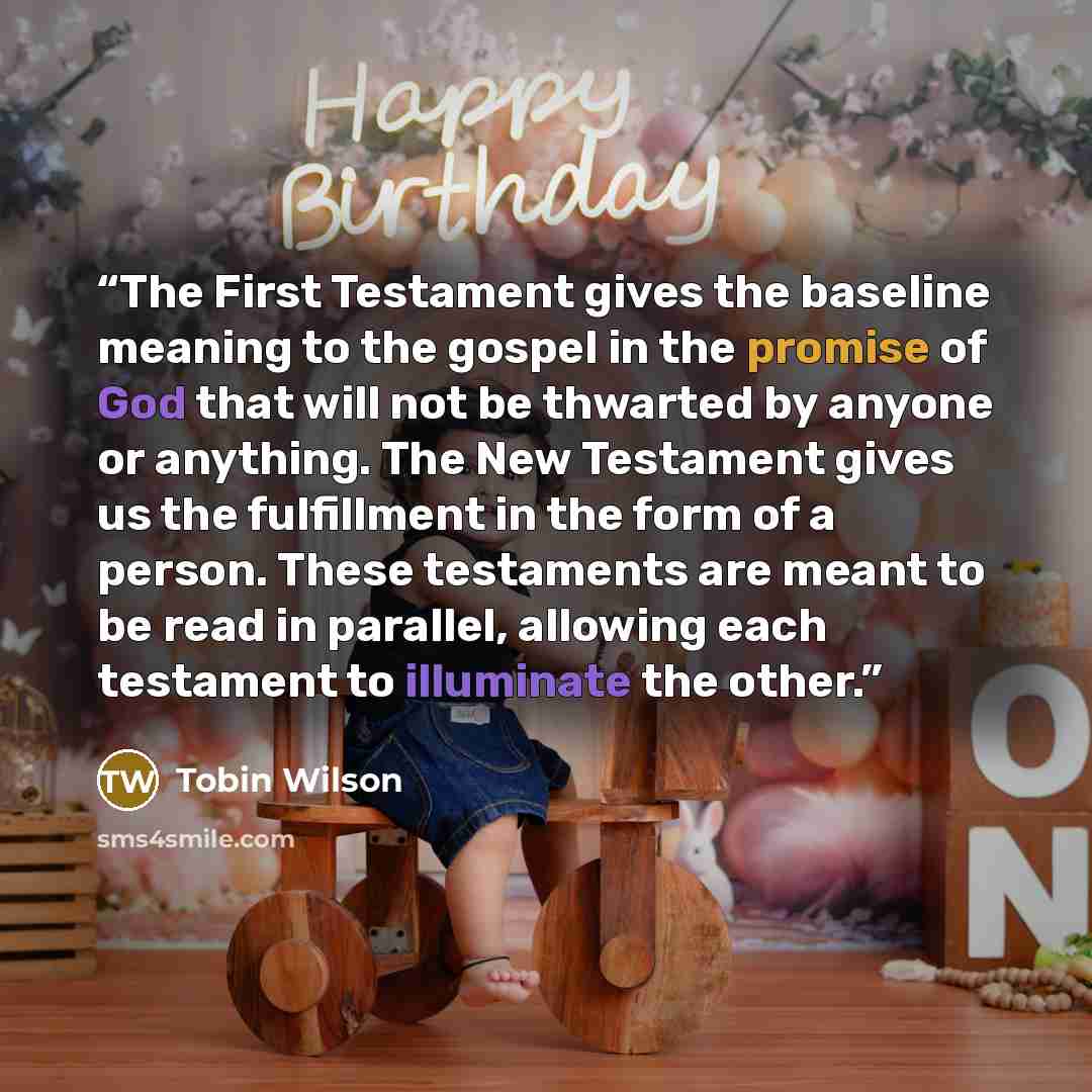 “The First Testament gives the baseline meaning to the gospel in the promise of God that will not be thwarted by anyone or anything. The New Testament gives us the fulfillment in the form of a person. These testaments are meant to be read in parallel, allowing each testament to illuminate the other.” quote by Tobin Wilson