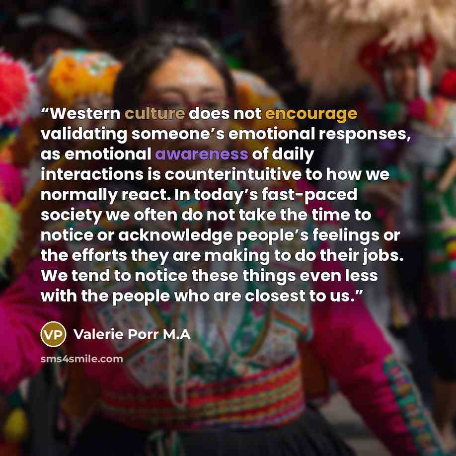 “Western culture does not encourage validating someone’s emotional responses, as emotional awareness of daily interactions is counterintuitive to how we normally react. In today’s fast-paced society we often do not take the time to notice or acknowledge people’s feelings or the efforts they are…” quote by Valerie Porr M.A