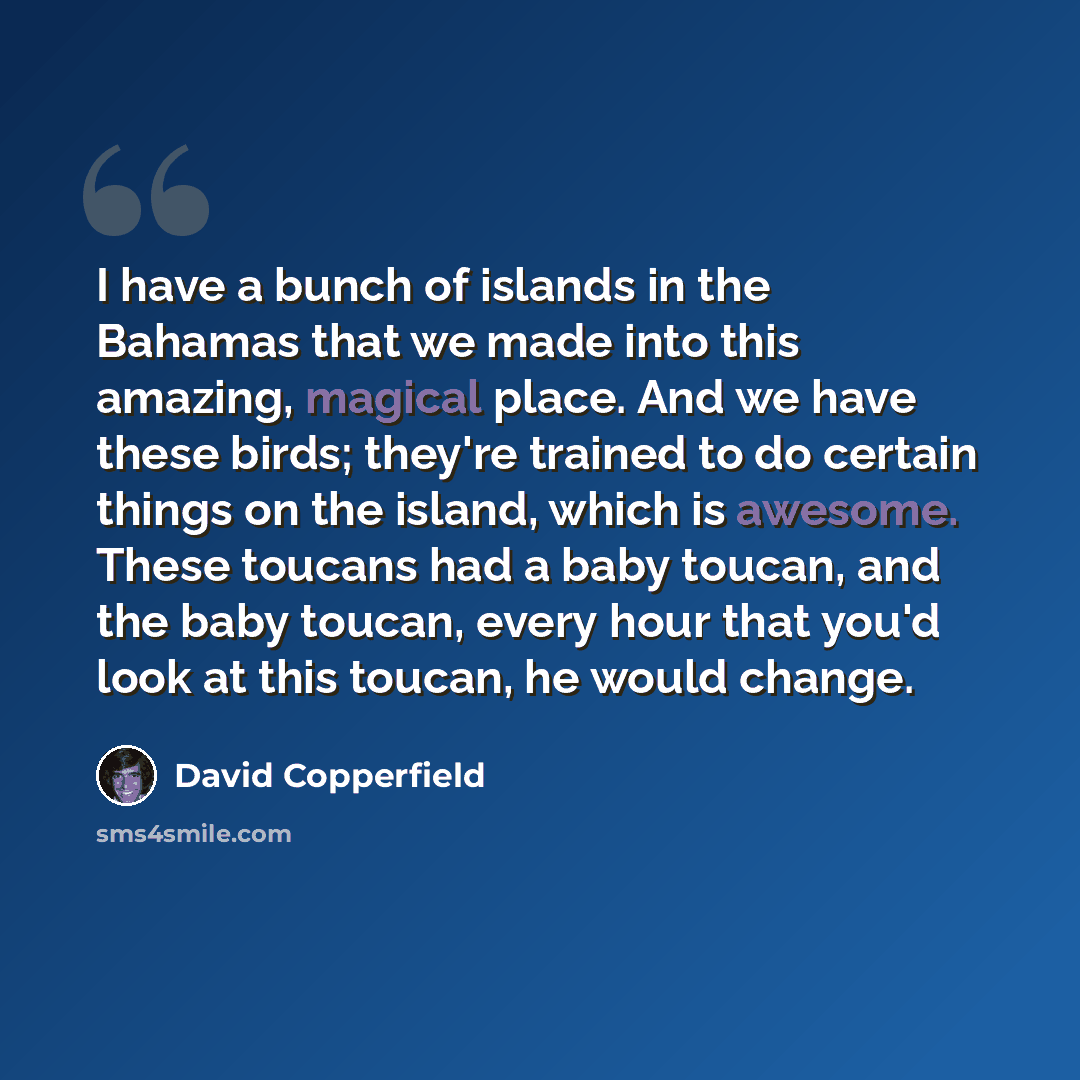 “I have a bunch of islands in the Bahamas that we made into this amazing, magical place. And we have these birds; they're trained to do certain things on the island, which is awesome. These toucans had a baby toucan, and the baby toucan, every hour that you'd look at this toucan, he would change.” quote by David Copperfield