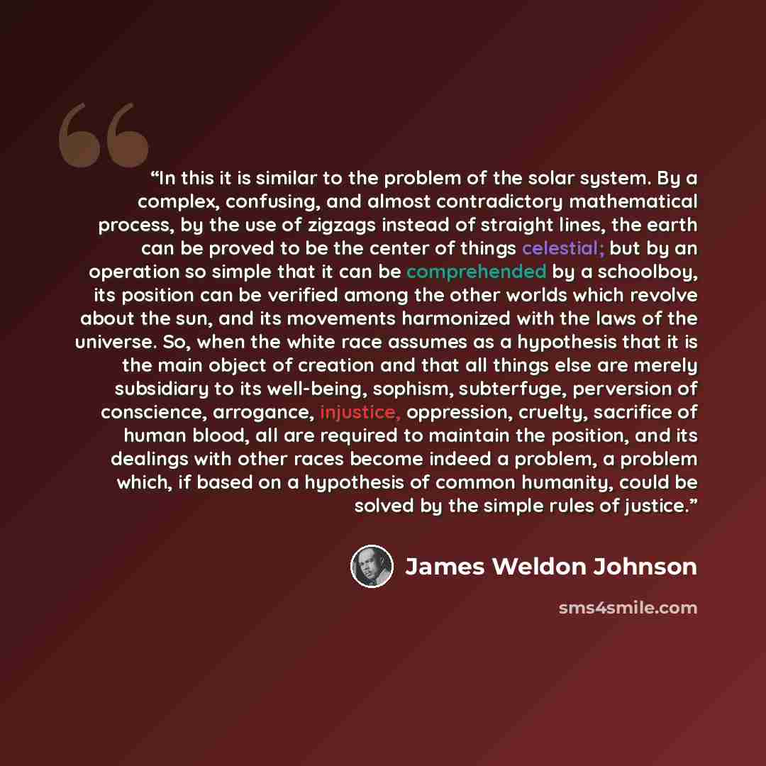 “In this it is similar to the problem of the solar system. By a complex, confusing, and almost contradictory mathematical process, by the use of zigzags instead of straight lines, the earth can be proved to be the center of things celestial; but by an operation so simple that it can be comprehended…” quote by James Weldon Johnson