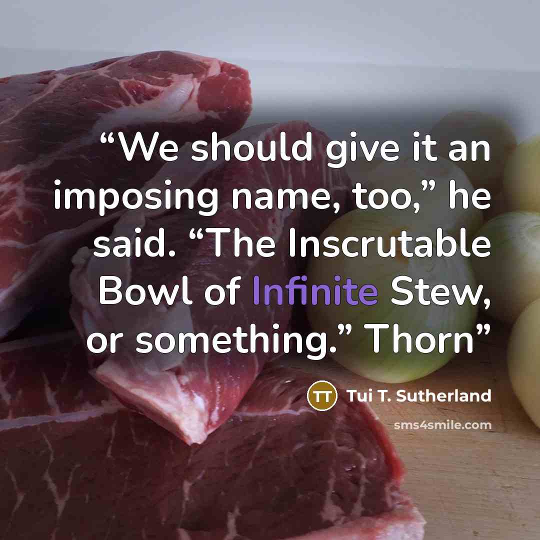 “We should give it an imposing name, too,” he said. “The Inscrutable Bowl of Infinite Stew, or something.” Thorn” quote by Tui T. Sutherland