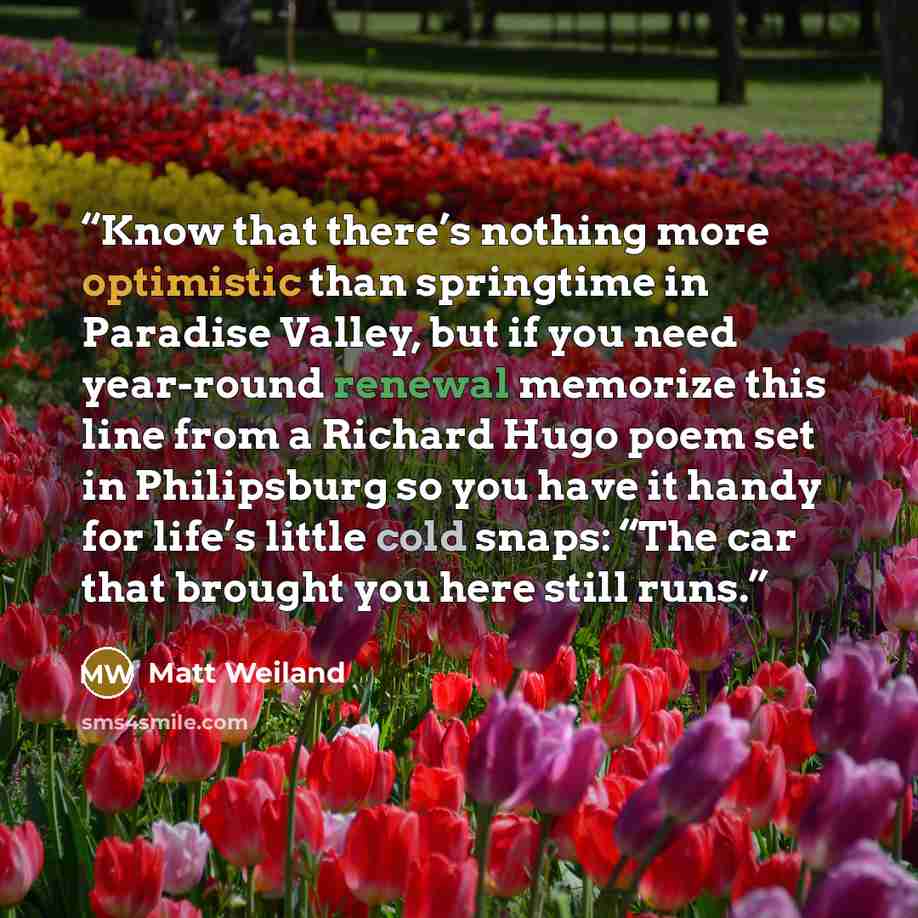 “Know that there’s nothing more optimistic than springtime in Paradise Valley, but if you need year-round renewal memorize this line from a Richard Hugo poem set in Philipsburg so you have it handy for life’s little cold snaps: “The car that brought you here still runs.” quote by Matt Weiland