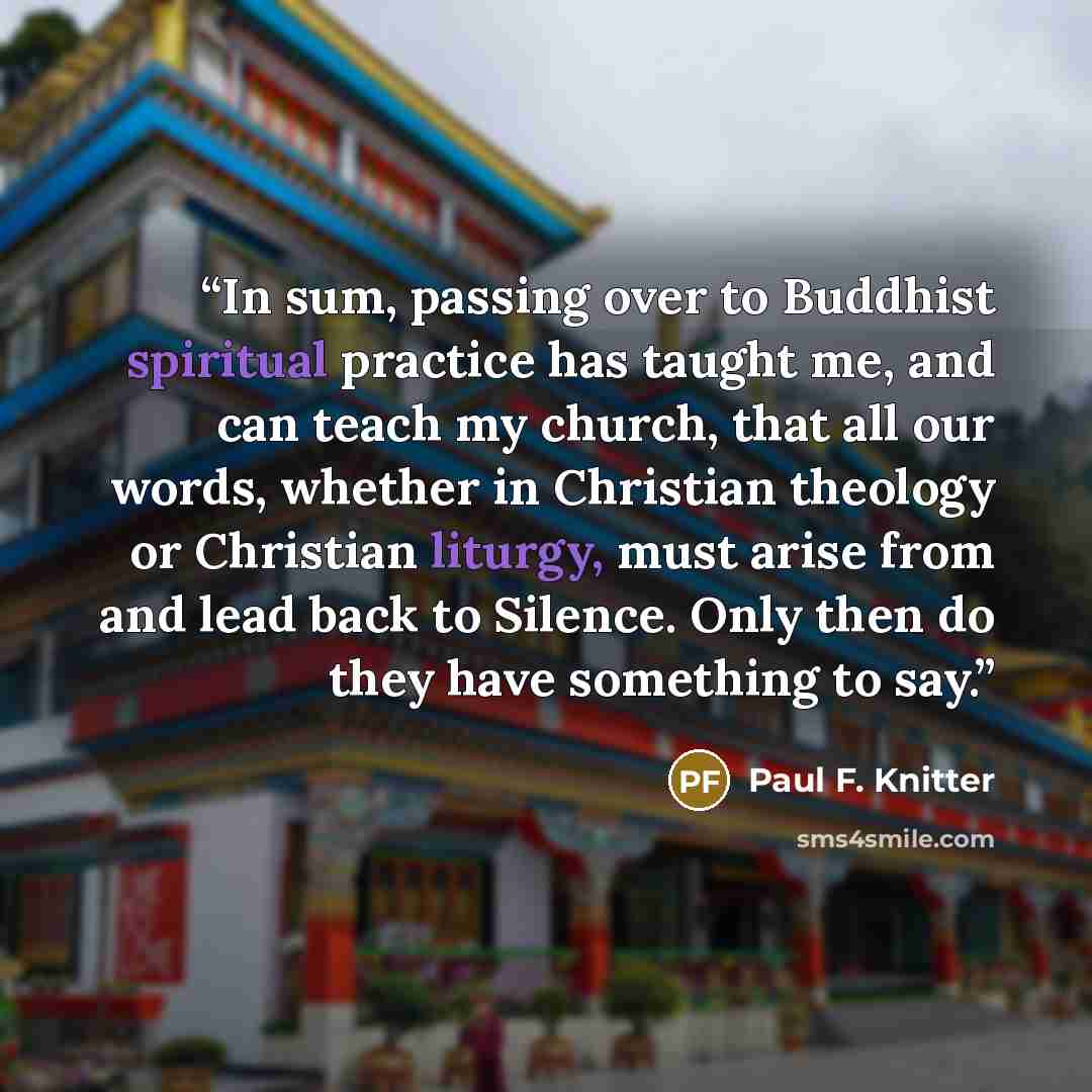 “In sum, passing over to Buddhist spiritual practice has taught me, and can teach my church, that all our words, whether in Christian theology or Christian liturgy, must arise from and lead back to Silence. Only then do they have something to say.” quote by Paul F. Knitter