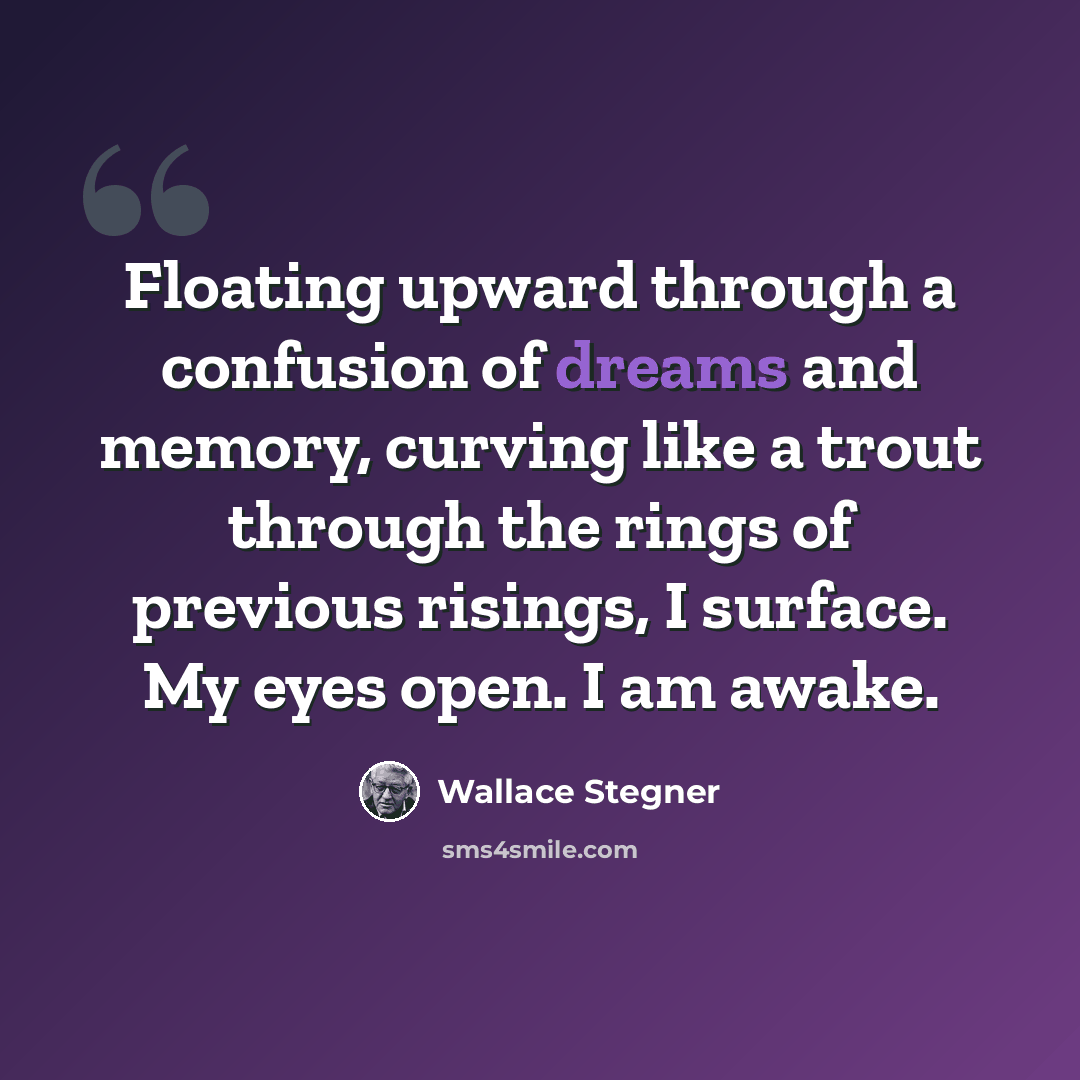 “Floating upward through a confusion of dreams and memory, curving like a trout through the rings of previous risings, I surface. My eyes open. I am awake.” quote by Wallace Stegner