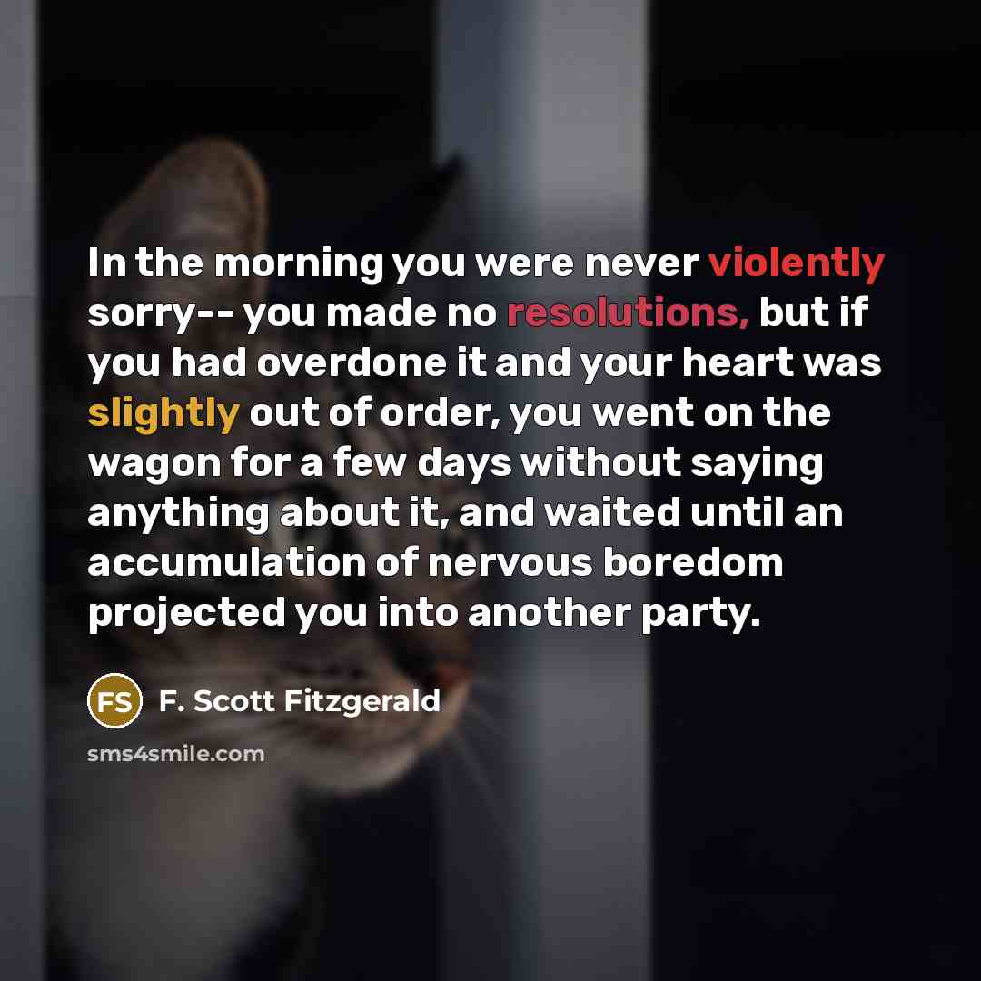 “In the morning you were never violently sorry-- you made no resolutions, but if you had overdone it and your heart was slightly out of order, you went on the wagon for a few days without saying anything about it, and waited until an accumulation of nervous boredom projected you into another party.” quote by F. Scott Fitzgerald