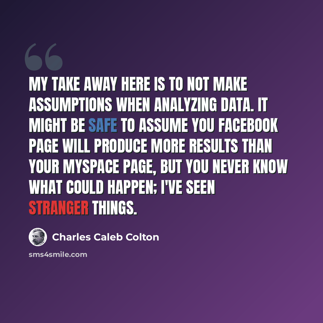 “My take away here is to not make assumptions when analyzing data. It might be safe to assume you Facebook page will produce more results than your MySpace page, but you never know what could happen; I've seen stranger things.” quote by Charles Caleb Colton