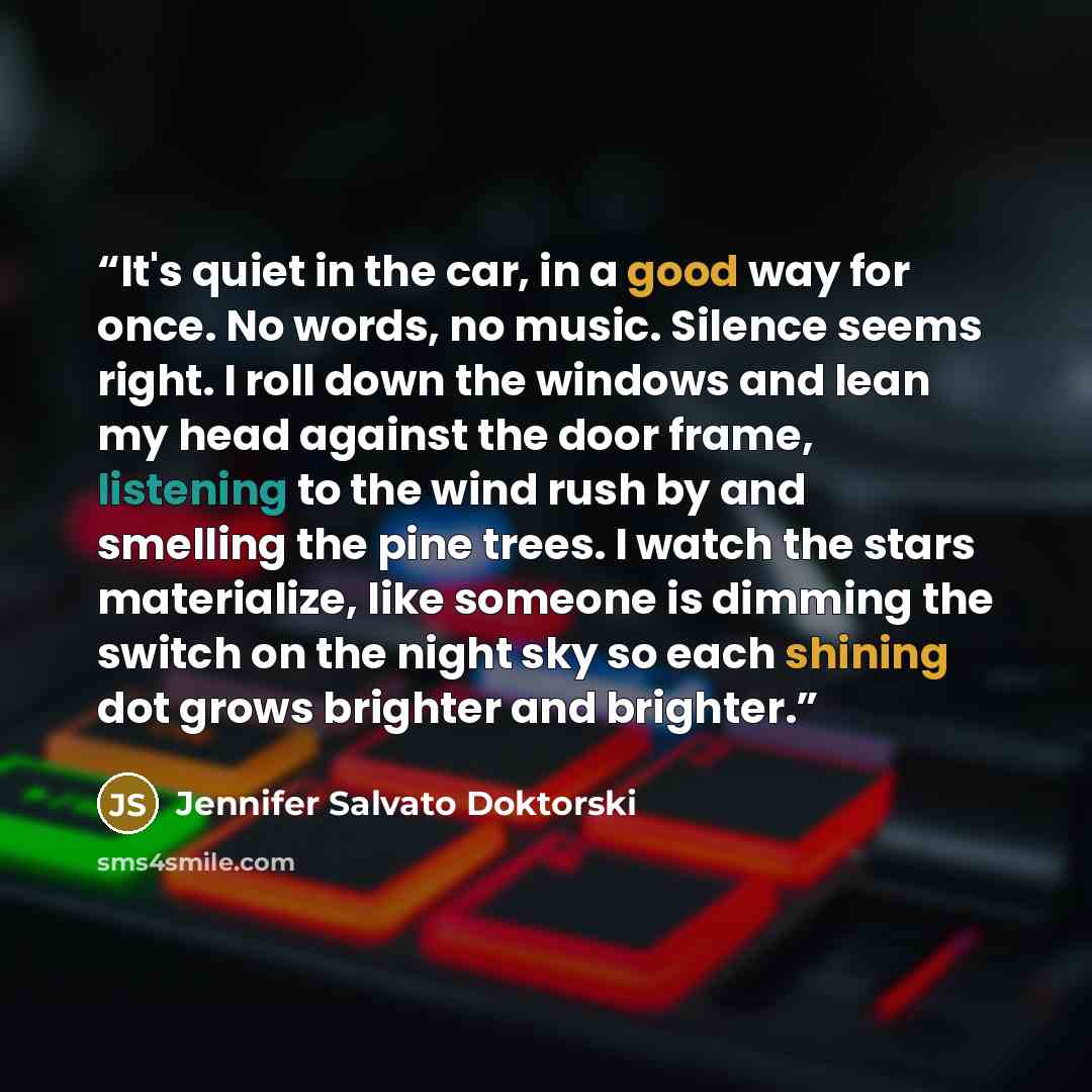 “It's quiet in the car, in a good way for once. No words, no music. Silence seems right. I roll down the windows and lean my head against the door frame, listening to the wind rush by and smelling the pine trees. I watch the stars materialize, like someone is dimming the switch on the night sky so…” quote by Jennifer Salvato Doktorski