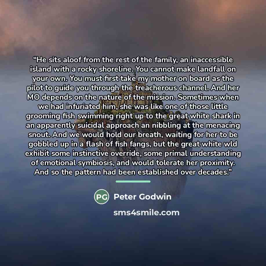 “He sits aloof from the rest of the family, an inaccessible island with a rocky shoreline. You cannot make landfall on your own. You must first take my mother on board as the pilot to guide you through the treacherous channel. And her MO depends on the nature of the mission. Sometimes when we had…” quote by Peter Godwin