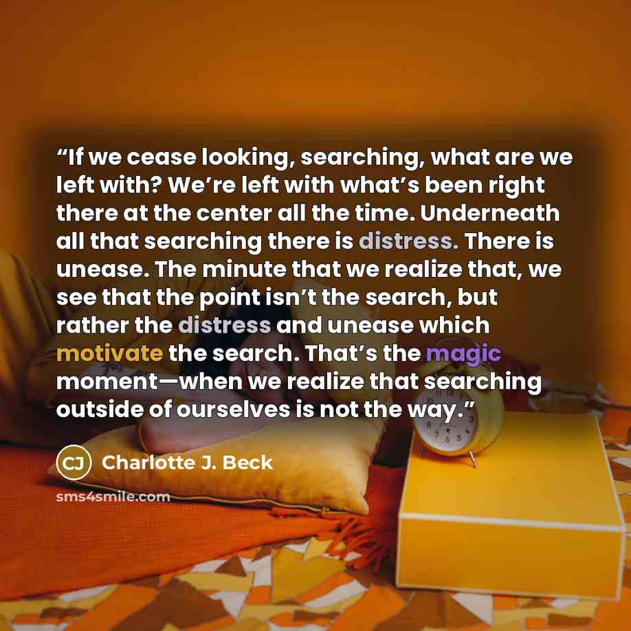 “If we cease looking, searching, what are we left with? We’re left with what’s been right there at the center all the time. Underneath all that searching there is distress. There is unease. The minute that we realize that, we see that the point isn’t the search, but rather the distress and unease…” quote by Charlotte J. Beck