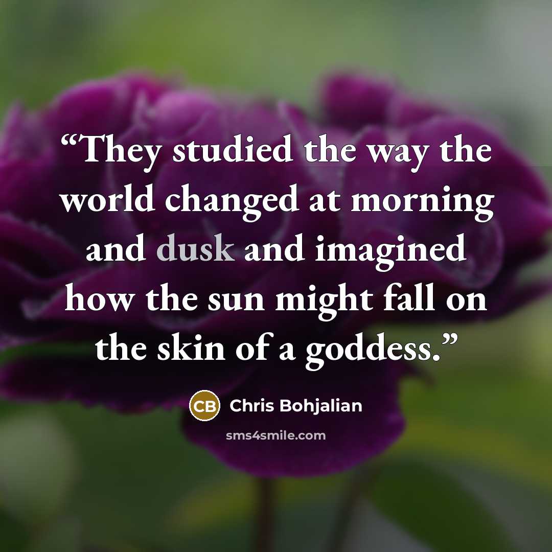 “They studied the way the world changed at morning and dusk and imagined how the sun might fall on the skin of a goddess.” quote by Chris Bohjalian