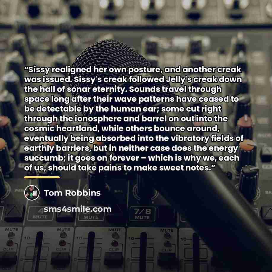 “Sissy realigned her own posture, and another creak was issued. Sissy's creak followed Jelly's creak down the hall of sonar eternity. Sounds travel through space long after their wave patterns have ceased to be detectable by the human ear; some cut right through the ionosphere and barrel on out…” quote by Tom Robbins