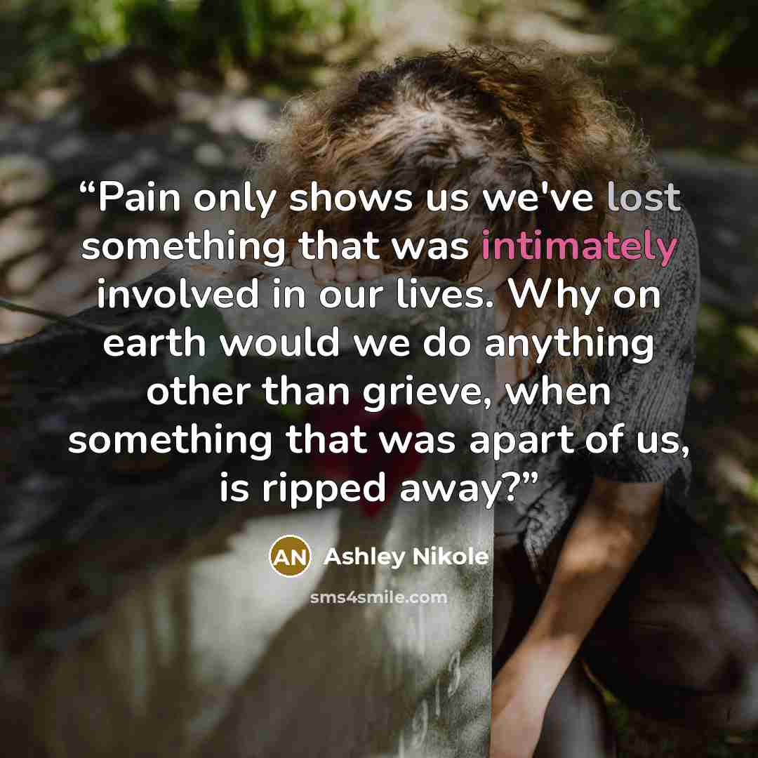 “Pain only shows us we've lost something that was intimately involved in our lives. Why on earth would we do anything other than grieve, when something that was apart of us, is ripped away?” quote by Ashley Nikole