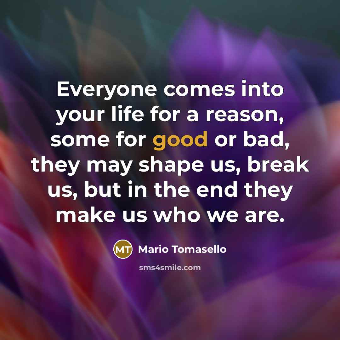 “Everyone comes into your life for a reason, some for good or bad, they may shape us, break us, but in the end they make us who we are.” quote by Mario Tomasello