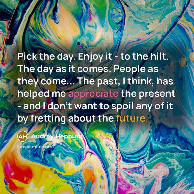 “Pick the day. Enjoy it - to the hilt. The day as it comes. People as they come... The past, I think, has helped me appreciate the present - and I don't want to spoil any of it by fretting about the future.” quote by Audrey Hepburn