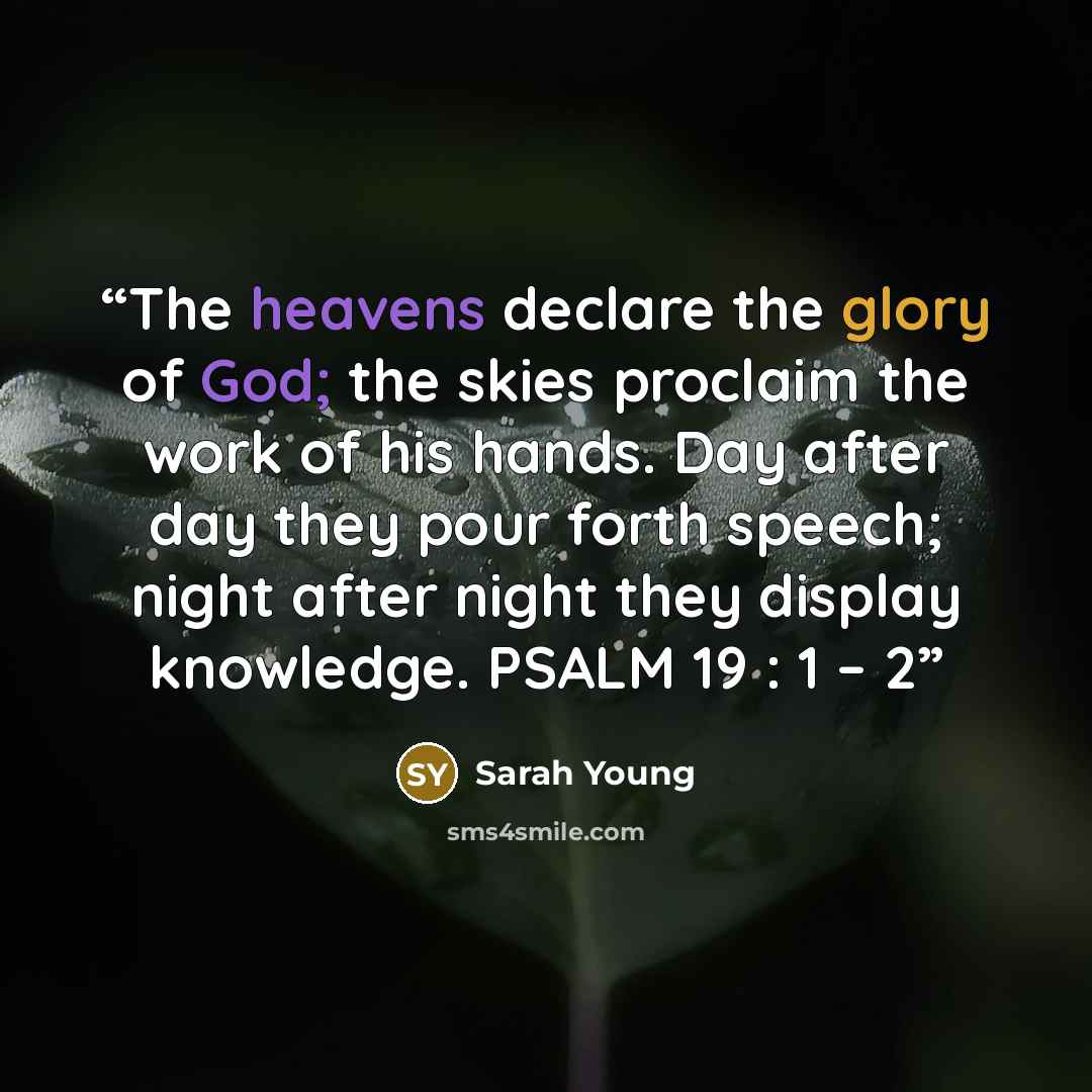 “The heavens declare the glory of God; the skies proclaim the work of his hands. Day after day they pour forth speech; night after night they display knowledge. PSALM 19 : 1 – 2” quote by Sarah Young